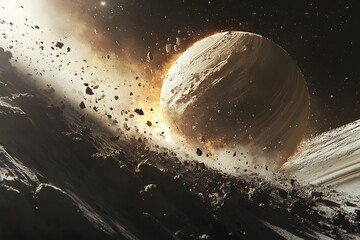 Planet Collision Event Illustration with Asteroids and Ring Formation