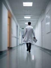 Fototapeta premium A faceless doctor in a white coat walks through a sterile hospital hallway holding a clipboard, symbolizing modern healthcare and professional routine.