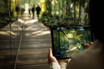 Female architect designs eco-friendly building in nature. Digital designs. Strategic career tips for emerging talent in the aec industry. Creative process. Team collaboration.