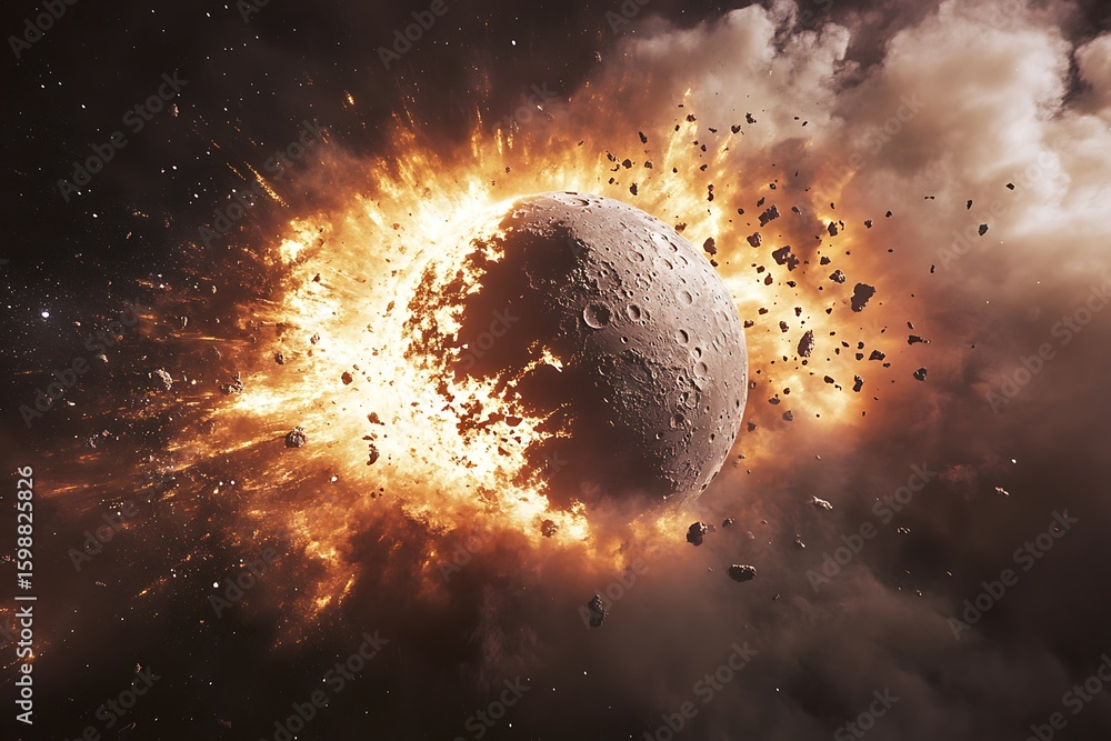 Poster exploding planet with fire and debris in space scene