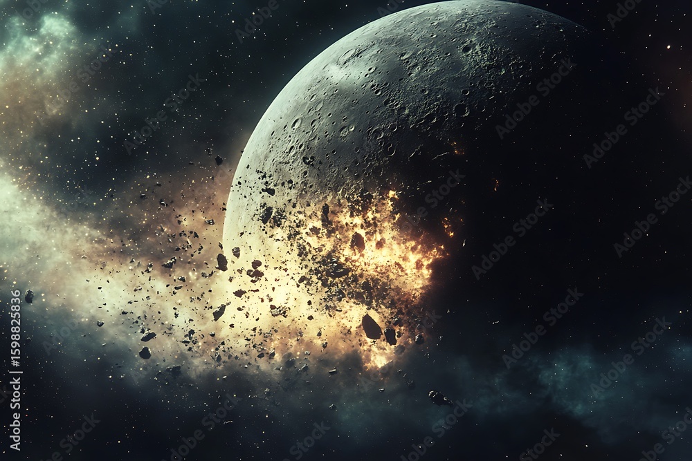 Poster space scene with crashing asteroids and exploding planet surface