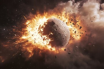 Exploding Planet with Fire and Debris in Space Scene