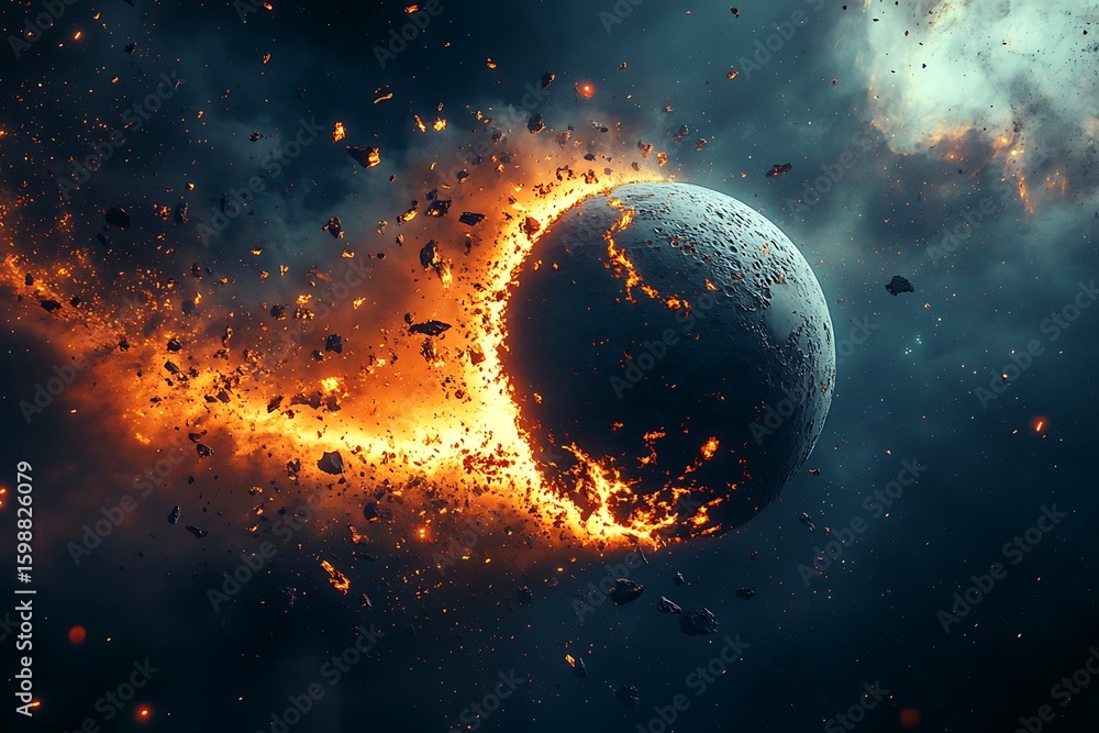 Poster exploding planet destroying itself in space with fiery debris and dust