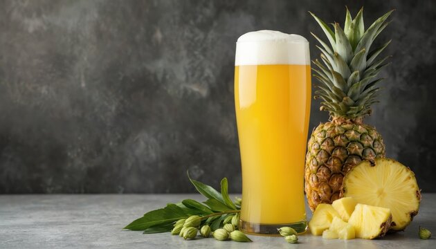Cold pineapple beer in tall glass with creamy foam next to whole pineapple, slices. Hops, green leaves. Tropical fruit beverage is refreshing, perfect for summer celebration, party or brewery tasting.