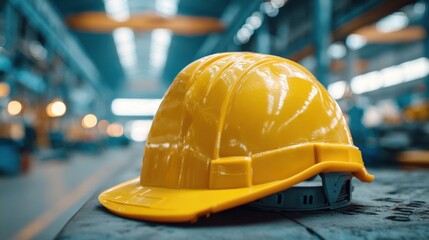 A yellow hard hat is sitting on a table. The image has a mood of safety and caution