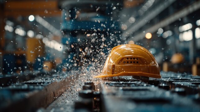 A yellow hard hat is on a wet surface. Concept of danger and caution, as the hard hat is a symbol of safety in hazardous environments