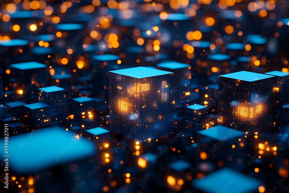 Poster abstract technology cubes glow with data and light in a digital world