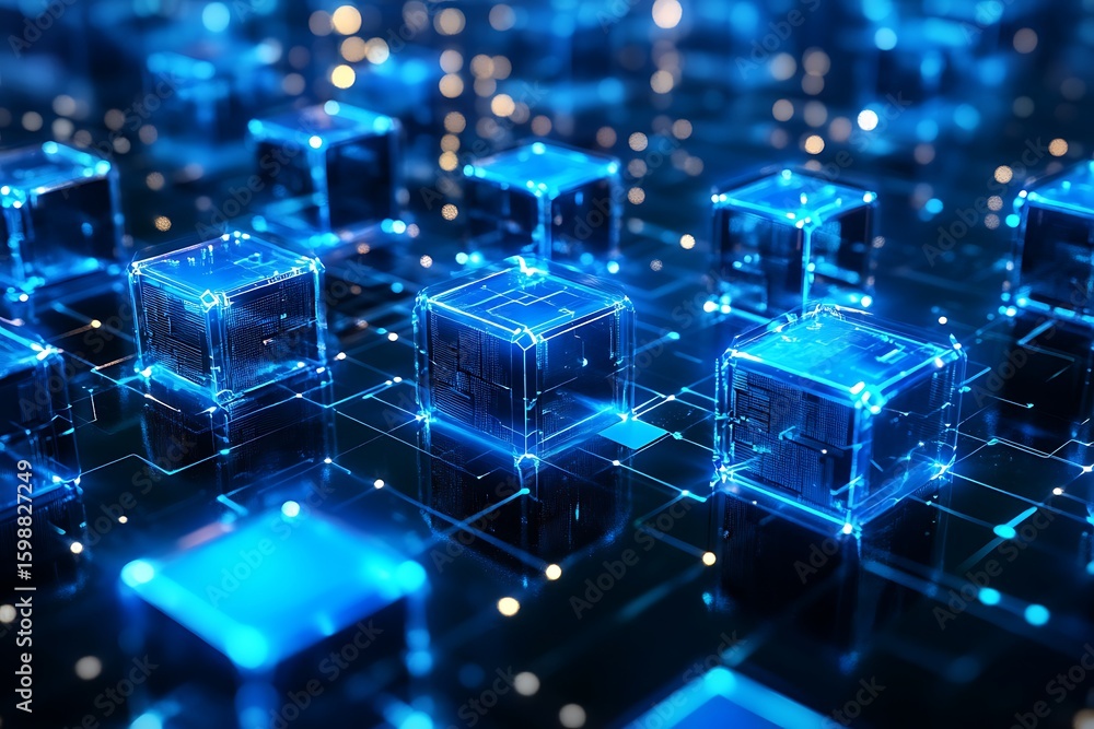 Poster illuminated blue cubes network on black surface representing blockchain technology