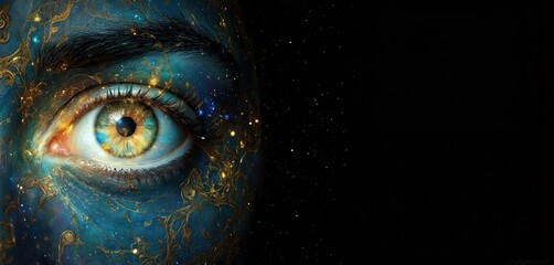 Third eye chakra opens, universe and cosmos visible within. Vibrant blue and gold ornate patterns adorn face, showing energy flow, spiritual awakening, and profound inner vision.