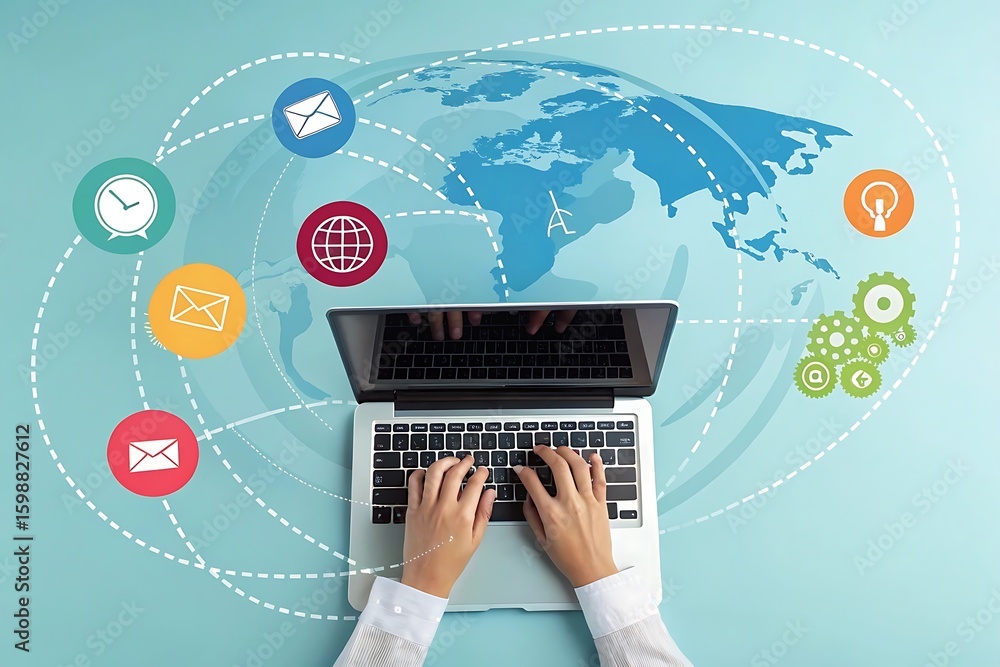 Poster hands typing on laptop with global network and communication icons keyboard technology
