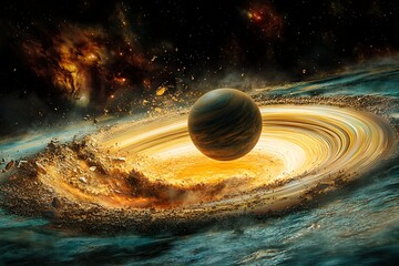 Striking Planet Floating Above Ring of Debris in Cosmic Nebula