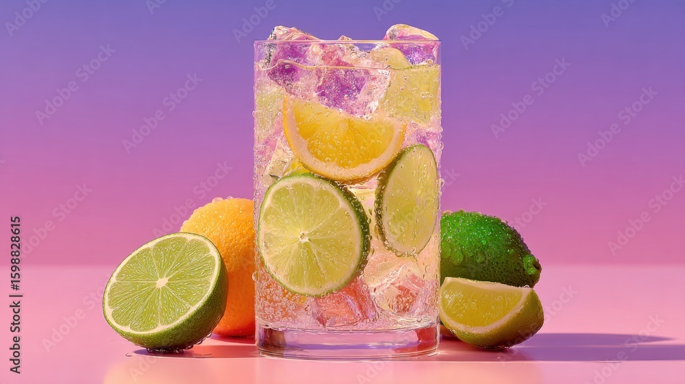 Poster a glass of limeade with lime slices and a lemon slice in it is placed on a table. the limeade is cle