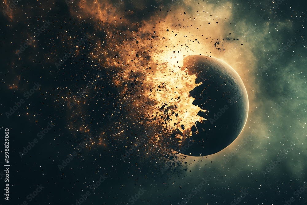 Poster exploding planet illustration with debris and cosmic space background design