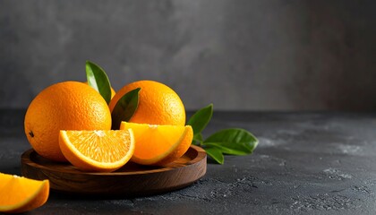 Fresh oranges on a wooden plate