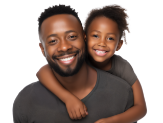 Smiling and happy African-American father with daughter on shoulders, isolated on white or transparent background