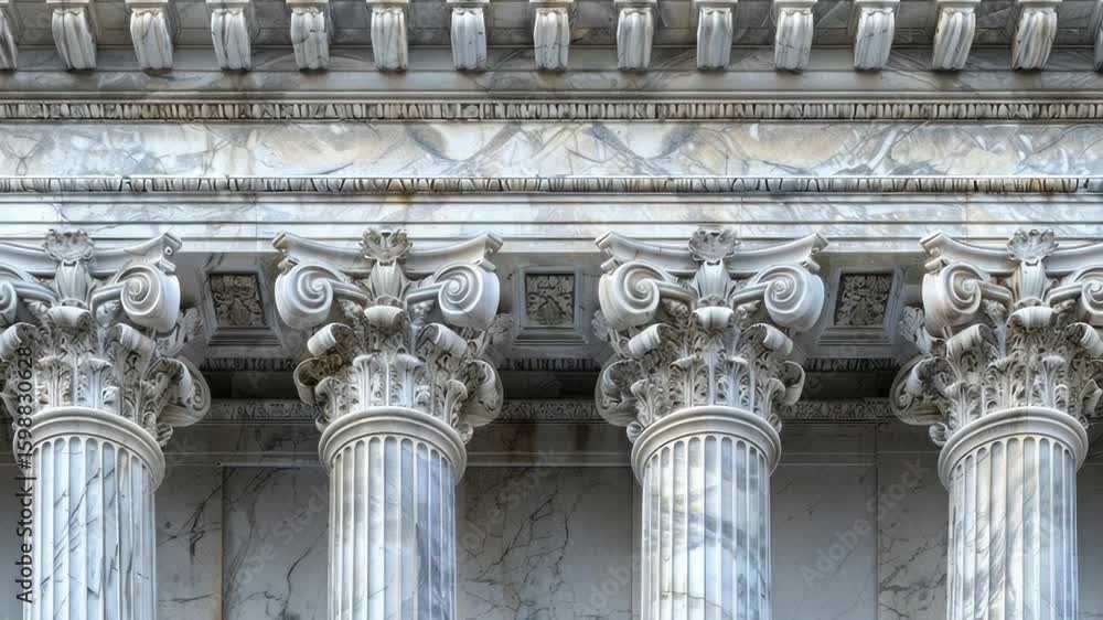 Poster a detailed view of a building featuring ornate columns and a large clock face