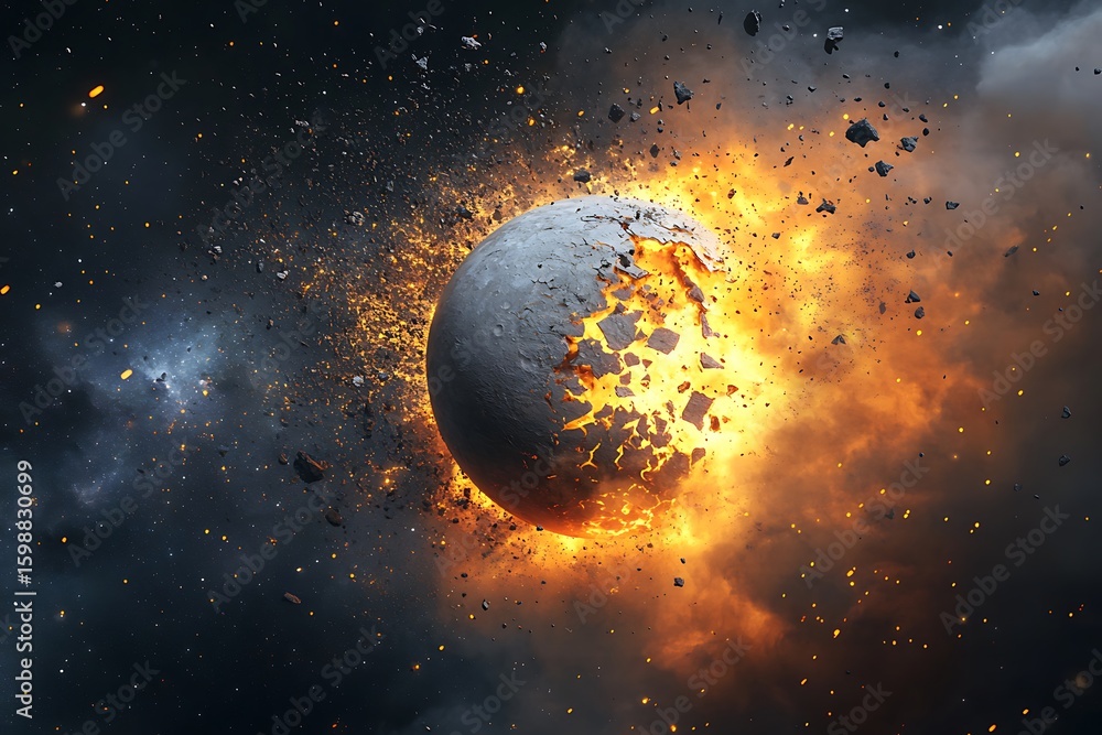 Poster exploding planet generating fiery destruction and debris in space