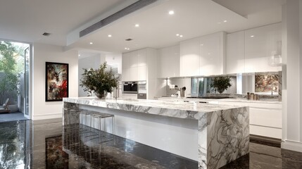 Fototapeta premium Modern kitchen with a large island countertop.