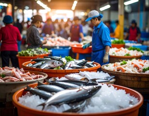 Fresh seafood market, bustling with activity