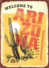 Welcom to Arizona vintage tin sign. Desert landscape with cactus graphic retro vector illustration. © lukeruk