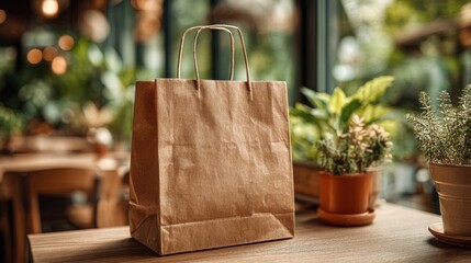 A brown paper bag sits on a table next to a potted plant. The scene is set in a restaurant, with a chair visible in the background. Scene is casual and relaxed, as the bag