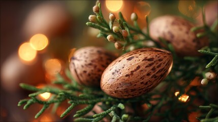 Obraz premium Close-up of speckled almonds on green foliage with warm bokeh lighting