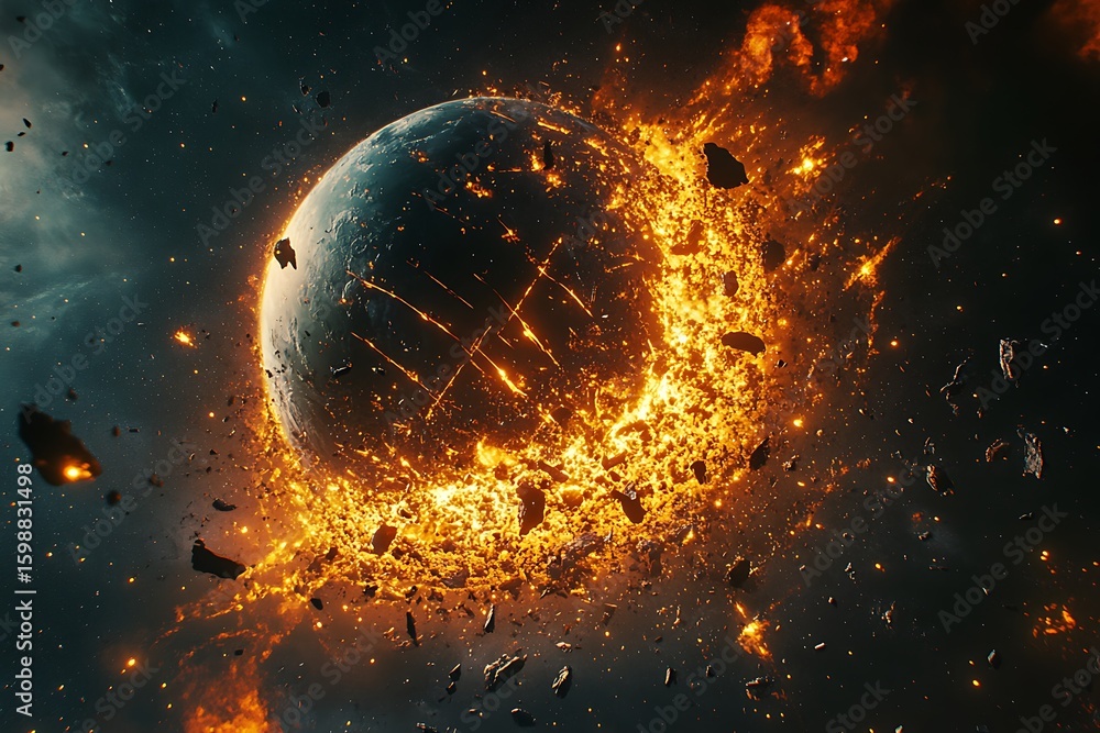 Poster exploding planet with fire and debris in outer space scene