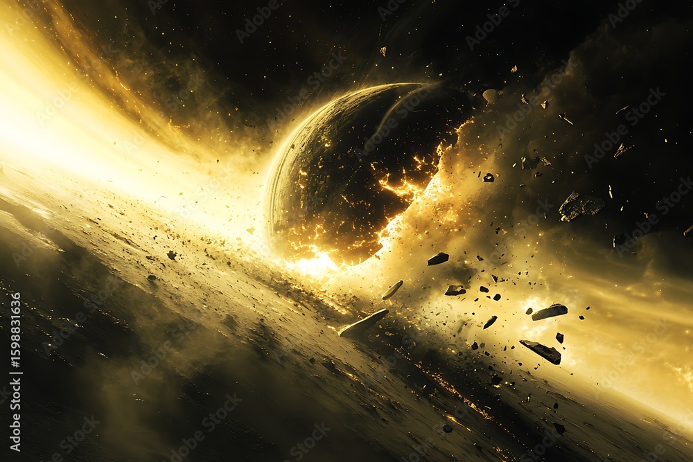 Poster exploding planet in space with debris and golden light effect