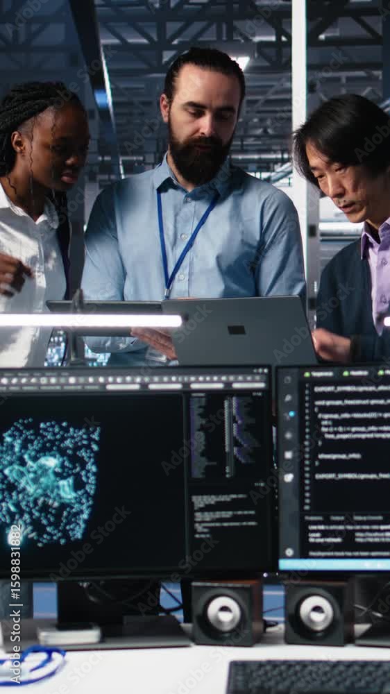 Poster vertical video happy data center coworkers monitoring neural network ai llm visualization. jolly wor