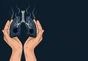 Both hands lifting lungs with holes emitting smoke, an illustration of lungs damaged by cancer. Image for education, advertising, banners, and health posters.
