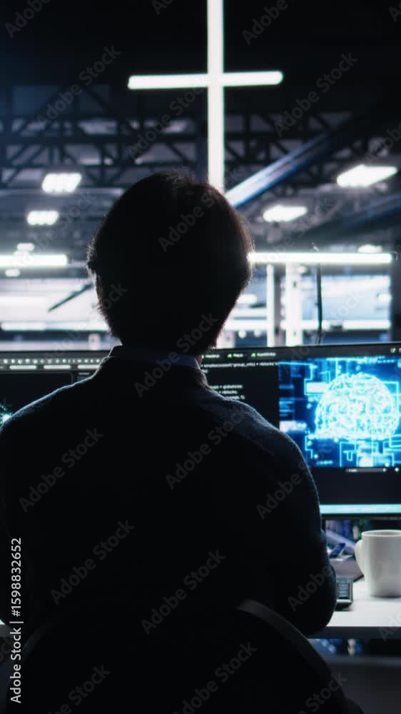 Poster vertical video data center engineer using computer to monitor neural network ai llm visualization. i