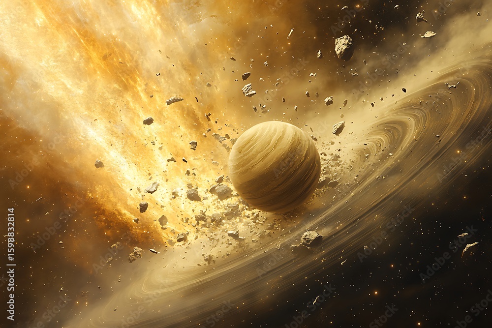 Poster planet with ring orbiting in space surrounded by debris and explosion