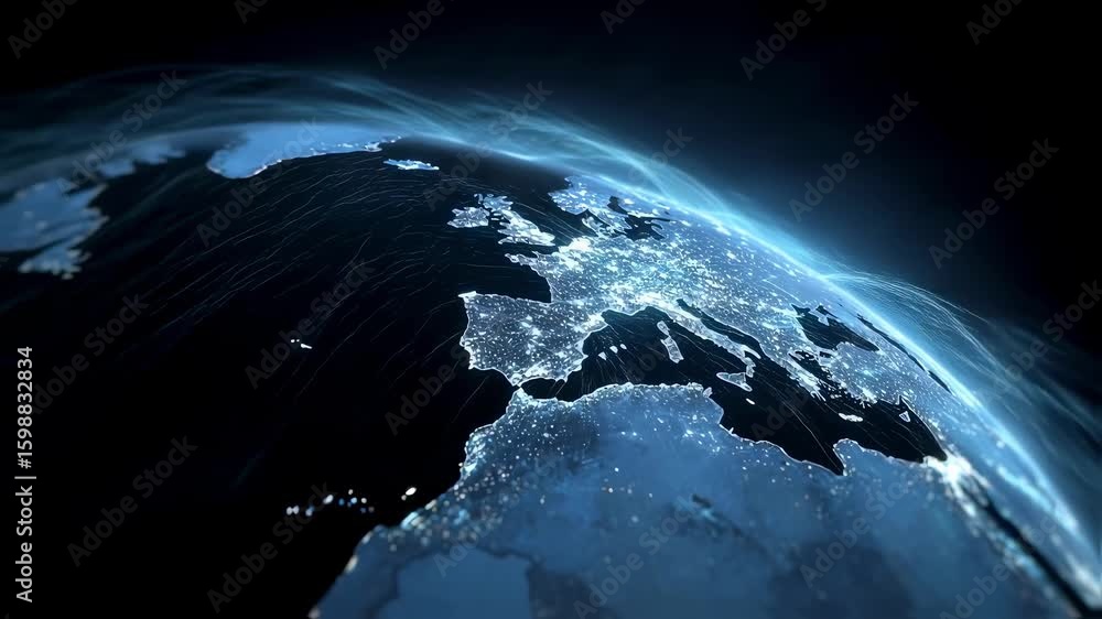 Poster a futuristic display showcases a 3d representation of the earth illuminated by a web of luminous cir