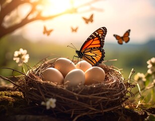 Eggs in a nest with butterflies