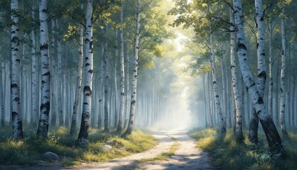 Serene forest path through birch trees, bathed in soft morning sunlight with gentle mist. Rich green foliage, calm atmosphere, and sense of peaceful exploration define this tranquil natural landscape.