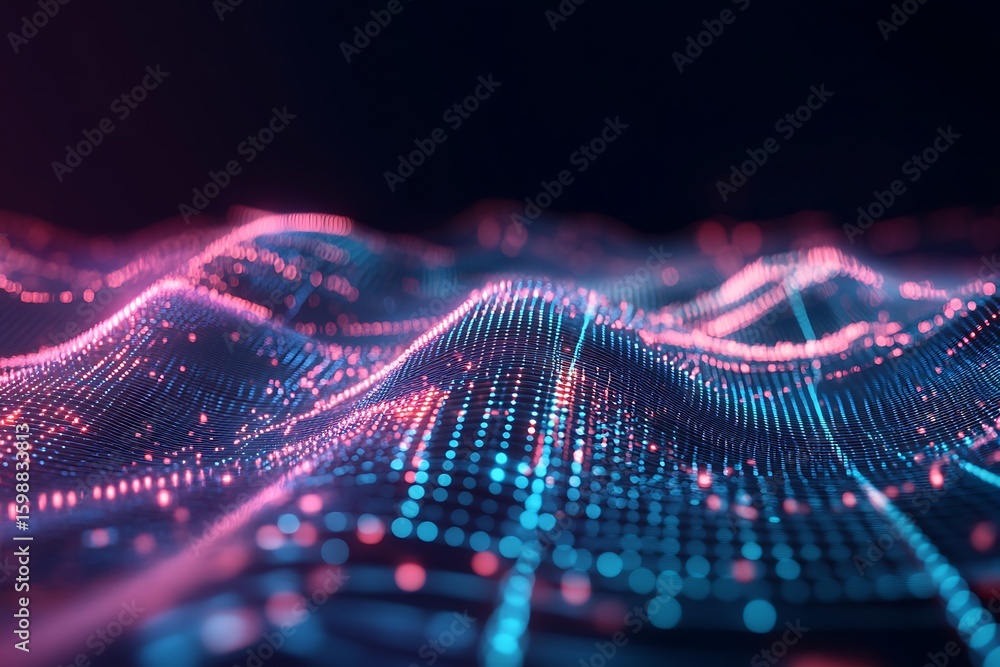 Poster glowing digital landscape with rising and falling lines data visualization