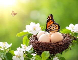 Eggs in nest, spring blossoms, butterfly
