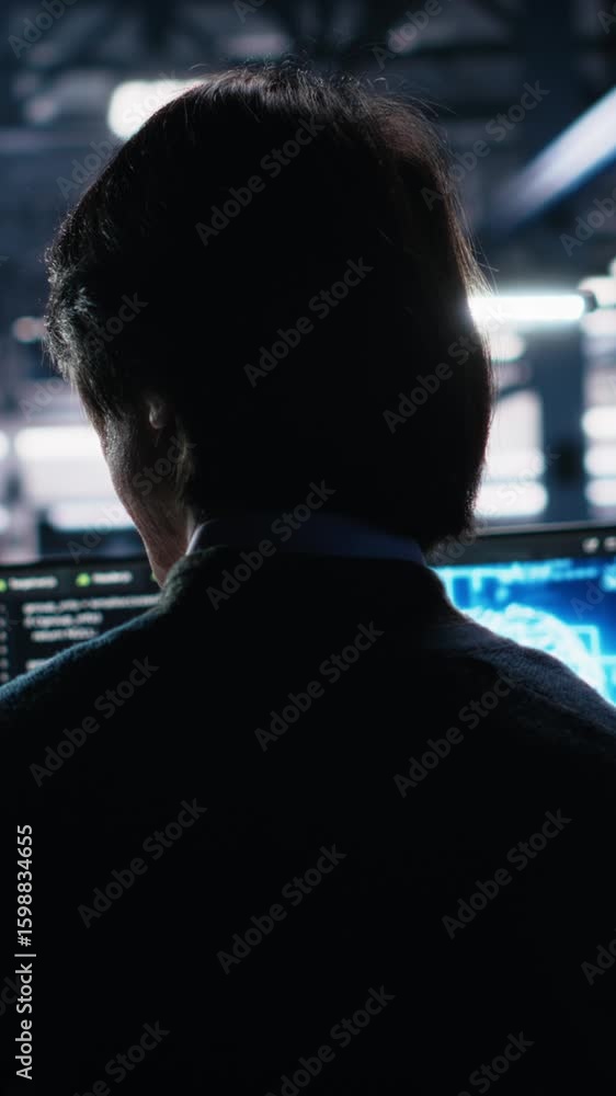 Poster vertical video admin in server room drinks coffee while using ai to review infrastructure diagnostic