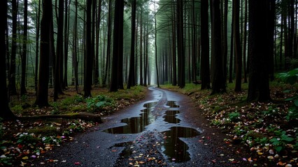 Scenic forest path with puddles surrounded by tall trees  