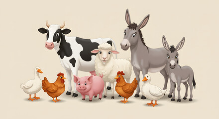 Cartoon farm animals including a cow sheep pig chickens ducks and donkeys standing together smiling