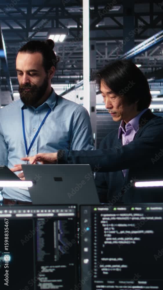 Aufkleber vertical video happy data center colleagues collaborating on neural network software development. ch