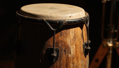 Fototapeta premium Vintage conga drum crafted from wood with metal hardware, musical tradition, rhythm. Percussion instrument features natural leather head, rustic wooden body, embodying ethnic culture, authentic sound.