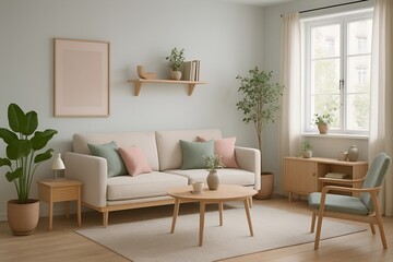 Minimal Scandinavian Living Room with Wooden Furniture and Green Plants | Modern Interior Render, modern living room with sofa