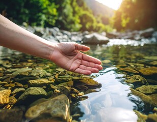Hand reaching into clear mountain stream