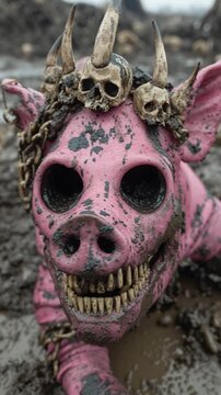 Grotesque Demon Pig Covered in Mud and Skull Horns
