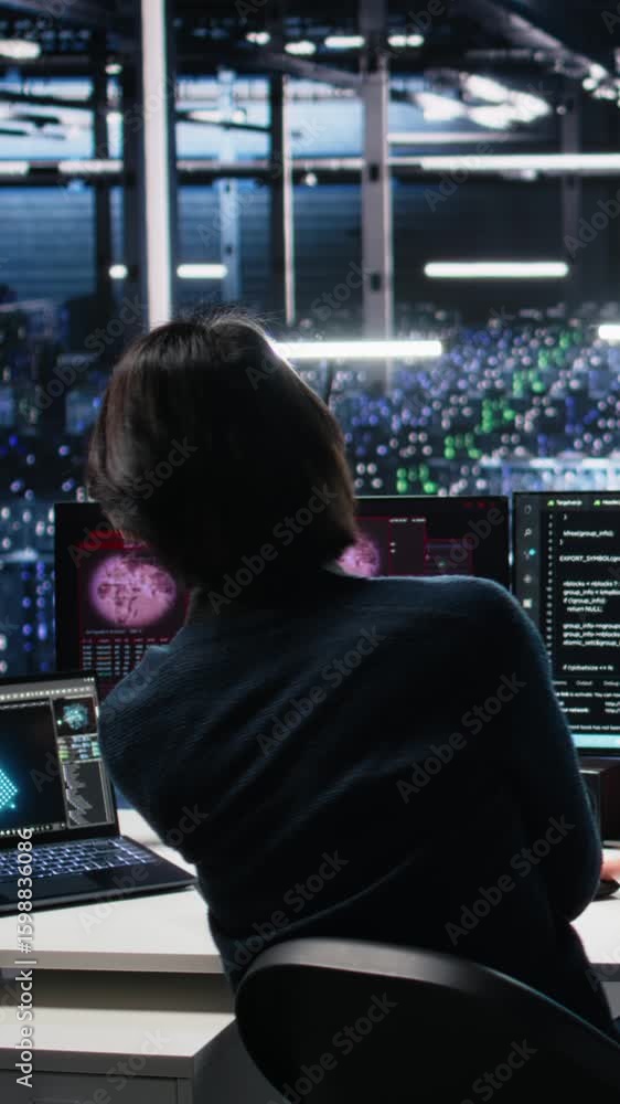 Poster vertical video data center team of engineers trying to fix critical error warning while using ai. se