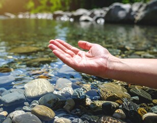 Hand reaching into clear river