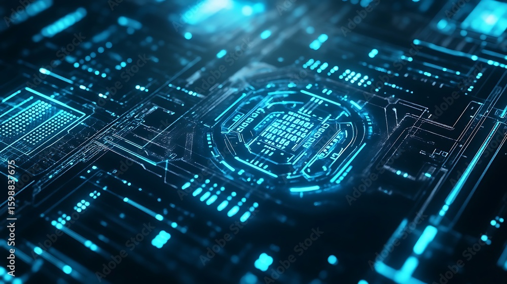 Poster futuristic circuit board technology with glowing blue light and data processing