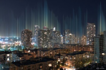 Obraz premium Modern sleep: cityscape and digital sleep innovations. Insomnia cure. Ayurveda's role in addressing insomnia and modern sleep challenges. Herbal capsules. Healthy sleep.