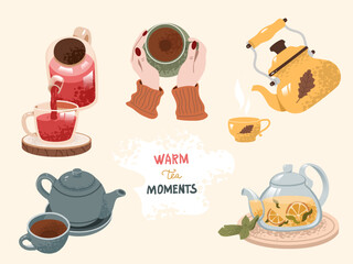 Cozy Tea Time Illustration with Teapots and Cups
